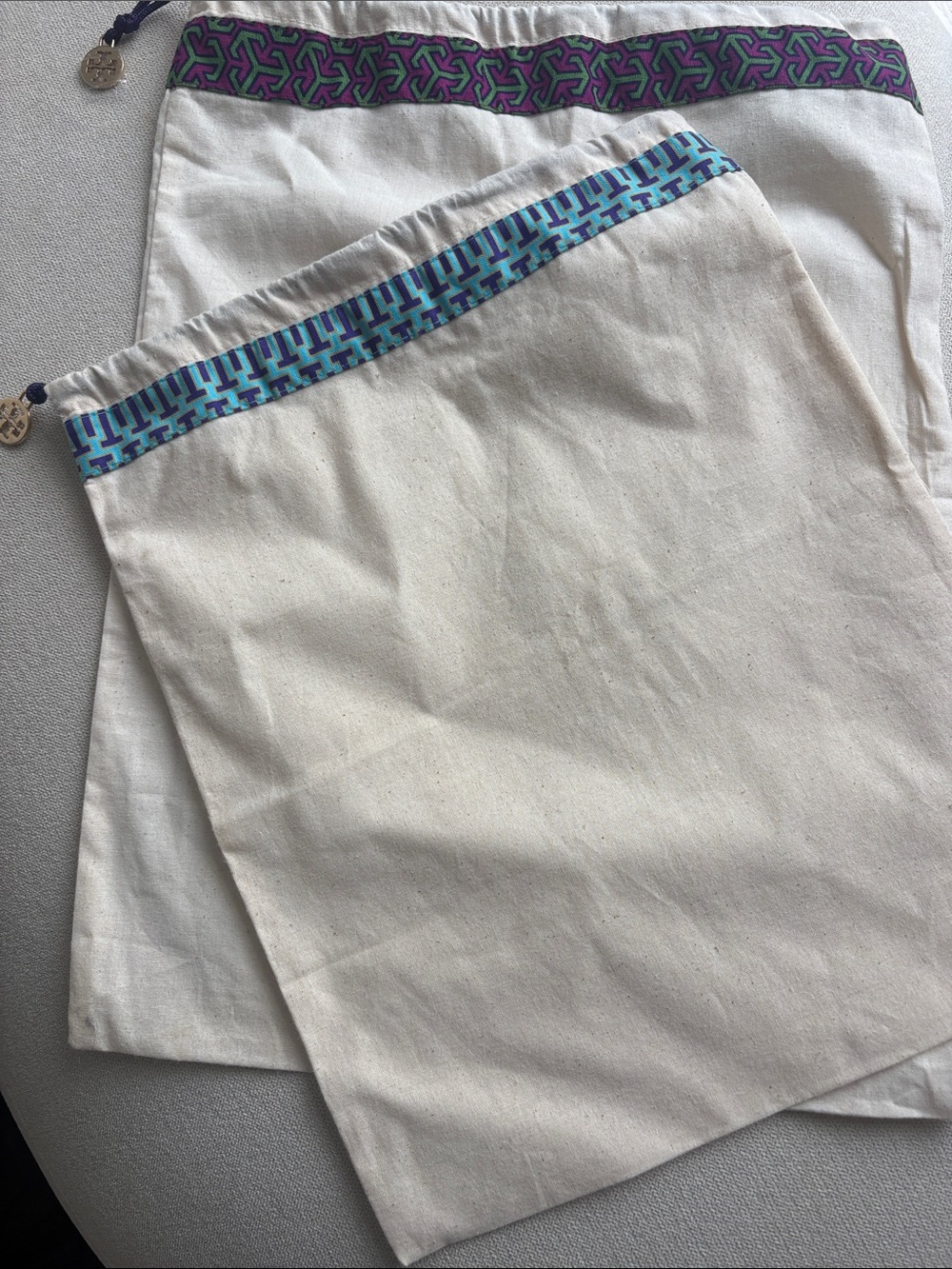 Tory Burch Canvas Dust Bags with Blue and Purple Trim